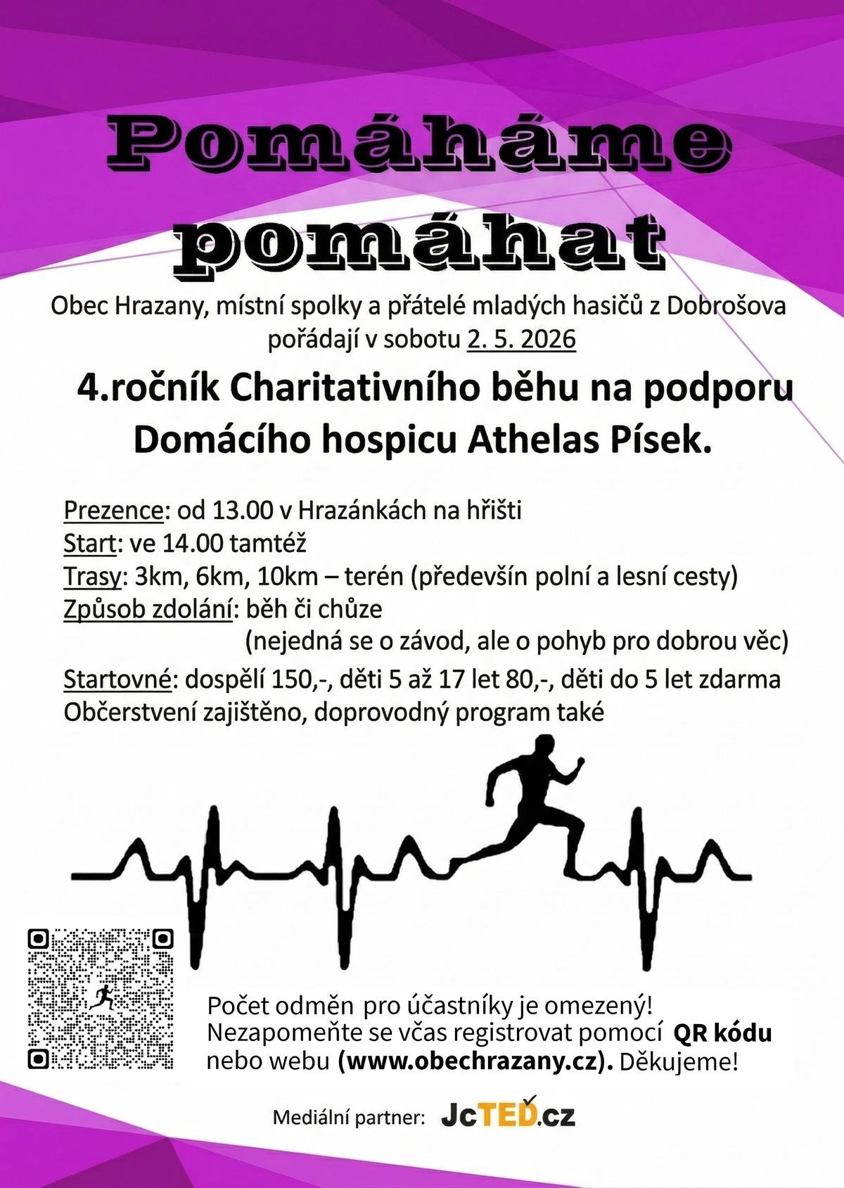 Obec Hrazany, místní spolky  a přátelé mladých hasičů z Dobrošova pořádají v sobotu 2. 5. 2026  4. ročník Charitativního běhu na podporu Domácího hospicu Athelas Písek. •    Prezence: od 13.00 v Hrazánkách na hřišti •    Start: ve 14.00 tamtéž •    Trasy: 3 km, 6 km, 10 km – terén (především polní a lesní cesty) •    Způsob zdolání: běh či chůze (nejedná se o závod, ale o pohyb pro dobrou věc) •    Startovné: dospělí 150,-, děti 5 až 17 let  80,-, děti do 5 let zdarma •    Občerstvení zajištěno, doprovodný program také Počet odměn pro účastníky je omezený! Nezapomeňte se včas registrovat pomocí QR kódu, který je na plakátu, nebo prostřednictvím online formuláře:   Charitativní běh - 2. 5. 2026 – Vyplnit formulář Děkujeme!