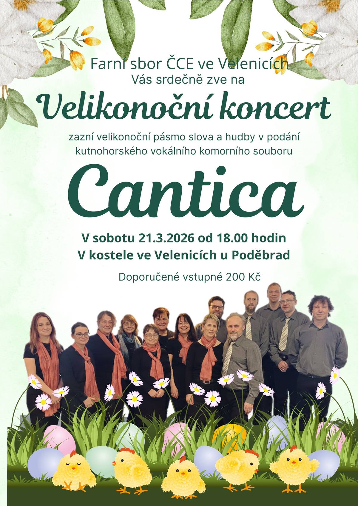Farní sbor ČCE ve Velenicích srdečně zve občany na Velikonoční koncert kutnohorského vokálního komorního souboru Cantica, který se uskuteční v sobotu 21. března 2026 od 18 hodin v kostele ve Velenicích, doporučené vstupné je 200 Kč.