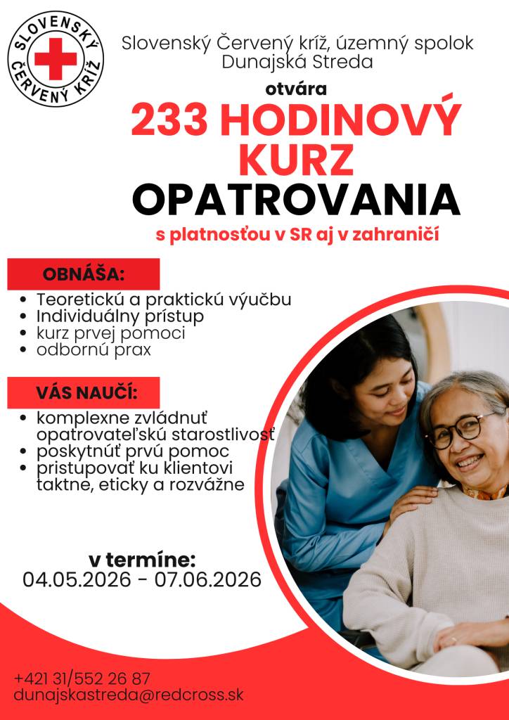 Nasledujúci termín 233 hod. kurz opatrovania začína od 04.05.2026 do 07.06.2026 pre samoplatcov alebo možnosť preplatenia cez UPSVaR v Dunajskej Strede pre UoZ a ZoZ. Pre nezamestnaných platí 30 dní pre začatím kurzu pred nástupom na kurz predložiť UPSVaR tlačivá (do 03.04.2026)  Tel. č 031/552 26 8