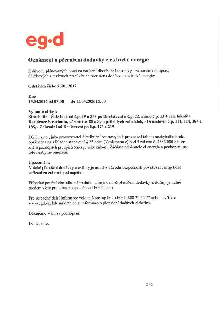 EG.D Oznámení o přerušení dodávky 15.4.2026.
