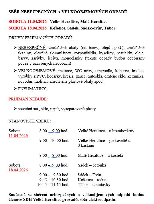 Sběr nebezpečných a velkoobjemových odpadů  11.4.2026 Velké Heraltice, Malé Heraltice  18.4.2026 Košetice, Sádek, Sádek-dvůr, Tábor
