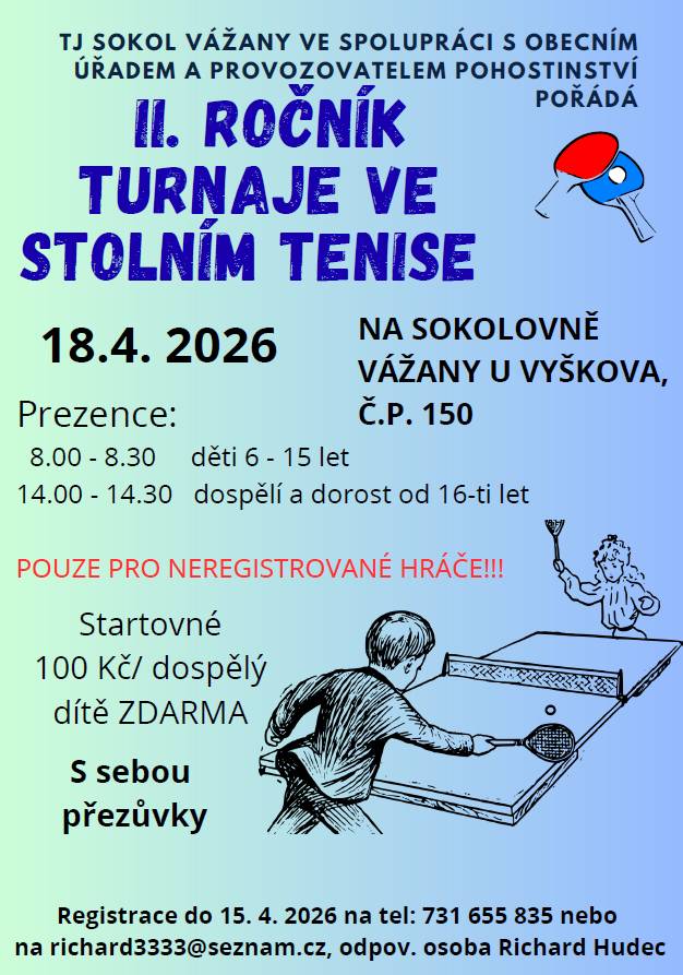 Turnaj ve stolním tenise pro neregistrované ve Vážanech u Vyškova 18.4.2026.