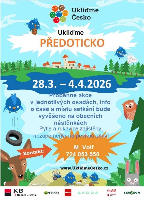 Jako každé jaro pořádá obec akci Ukliďme Česko, přidejte se k nám ať máme ty naše vesničky čisté 🌺🌱 Přesné termíny jednotlivých osad jsou vyvěšeny ve vývěskách, v jednotlivcýh osadách, kde jsou kontakty na organizátory. Nebo se můžete informovat na obci. Pytle, rukavice zajištěny. Akce proběhnou: Předotice, Vadkovice - 29.3. 10:00 h - hřiště Předotice Malčice - 28.3. 9:00 h - před hospodou Křešice - 29.3. 13:00 h - před čp. 1 Kožlí - 28.3. 9:30 h - před hospodou Šamonice - 28.3. 10:00 - u kapličky Podolí II, Vadkovice - 29.3. info V. Větrovský Třebkov - 4.4. 9:00 h u pergoly. ☀️