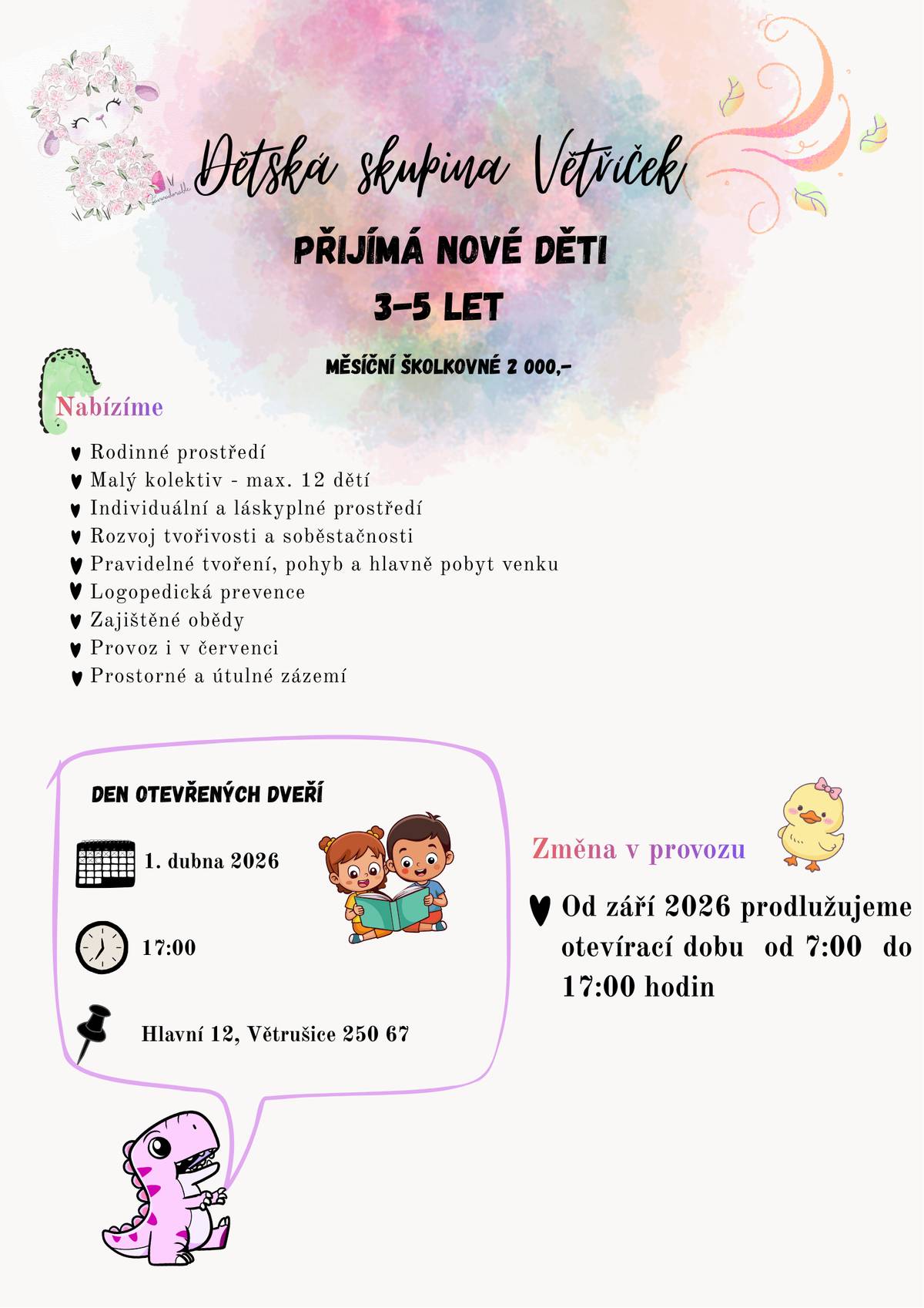 Milí rodiče,  DS Větříček provozovaná obcí Větrušice, přijímá ŽÁDOSTI O UMÍSTĚNÍ VAŠICH RATOLESTÍ pro školní rok 2026/2027. Více informací o dětské skupině zde: https://www.vetrusice.cz/detska-skupina-vetricek/ Těšíme se na Vás