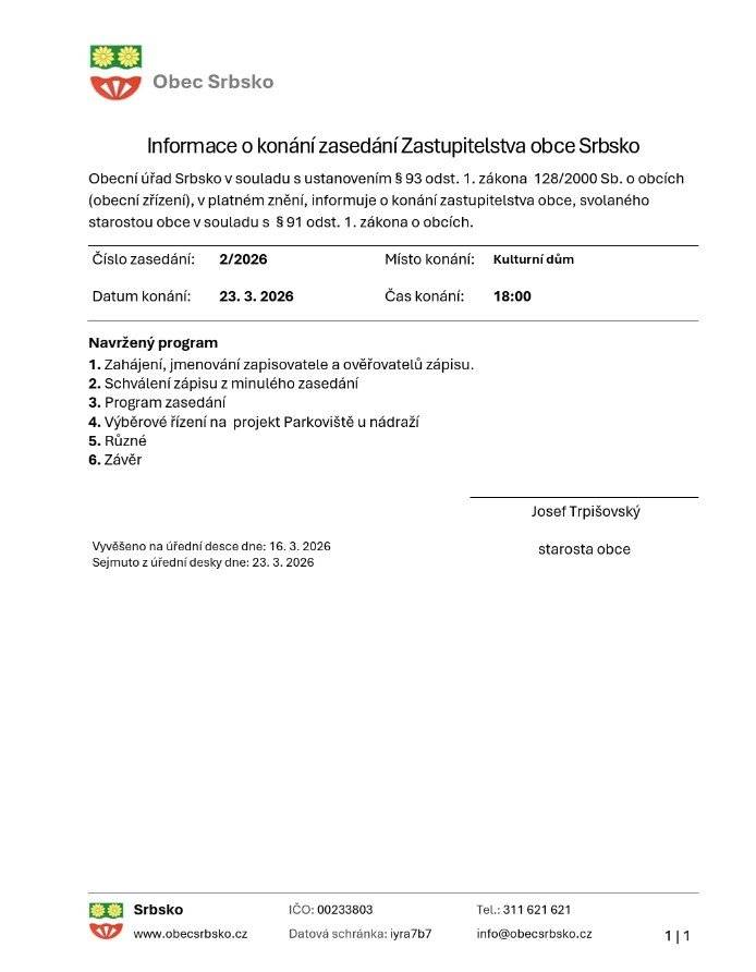 Zveme vás na zasedání Zastupitelstva 23.3. od 18:00 v KD. Online přenos: https://1url.cz/@Zasedani022026