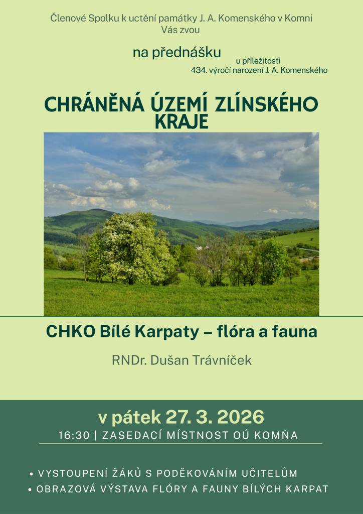 Spolek k uctění památky J.A. Komenského zve na přednášku v pátek 27.3. 2026 v 16:30 hod. do zasedací místnosti OÚ