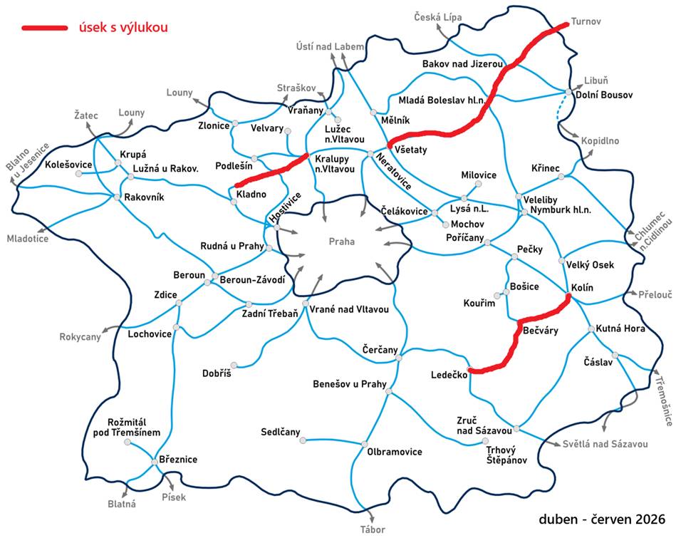 Trať 014 Kolín – Ledečko, celá trať  V období 16. června – 13. září výluka v celé trati. Všechny vlaky v daném období a úseku budou nahrazeny náhradní autobusovou dopravou dle zveřejněného výlukového jízdního řádu.