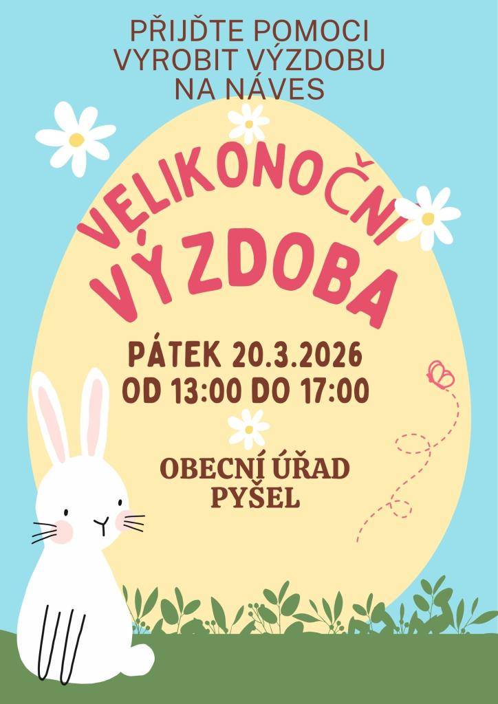 Zapojte se do výroby velikonoční výzdoby naší obce.  Přijďte nám pomoci v pátek 20.3.2026 na obecní úřad nebo zkuste sami u svých domů vytvořit MEGA výzdobu, která bude vyšší než 1m.