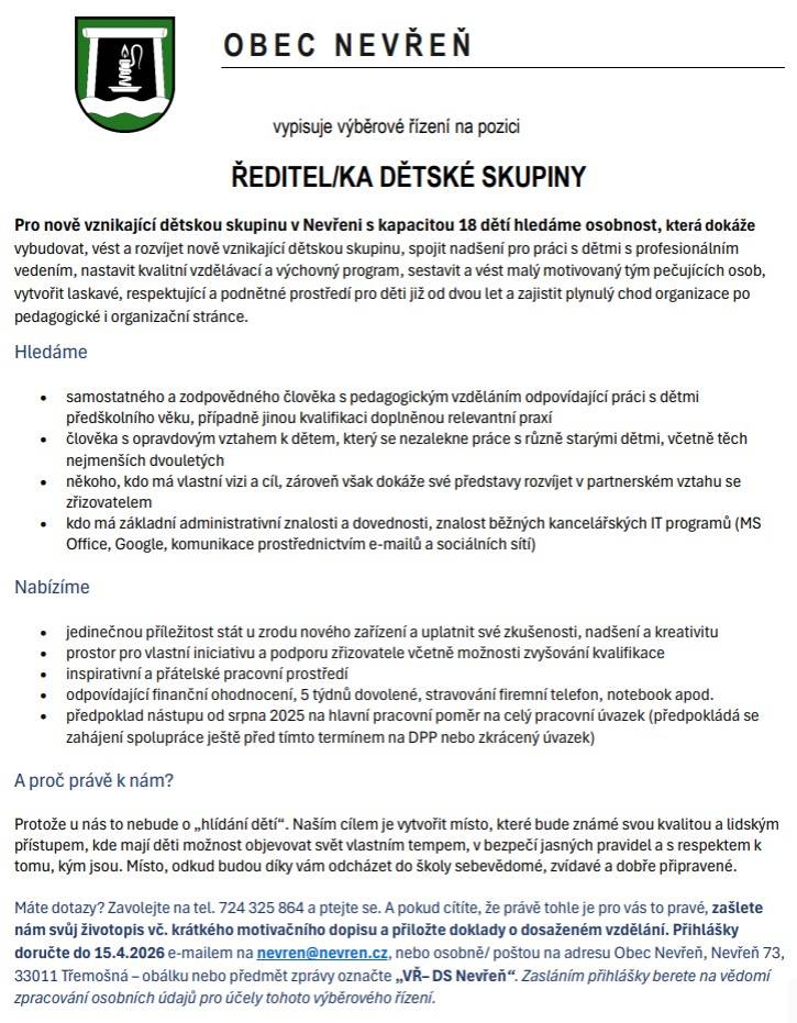 Výběrové řízení na pozici ředitel/ka dětské skupiny