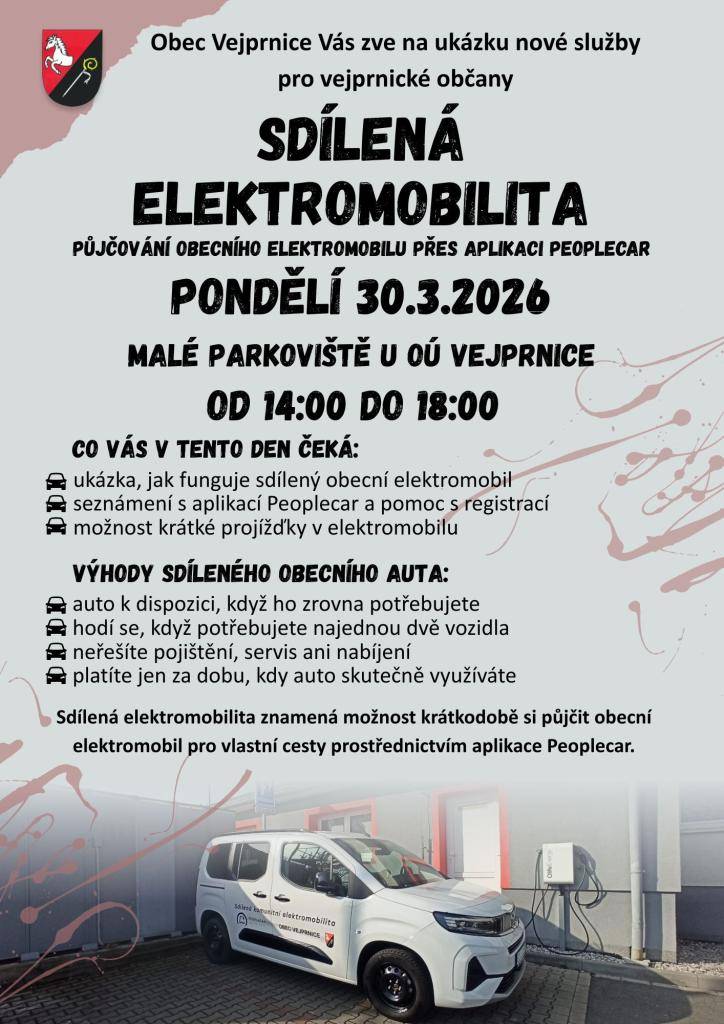 Nová služba pro vejprnické občany je tady.  Zveme vás na představení sdíleného obecního elektromobilu a aplikace pro jeho půjčování. Přijďte se podívat, vyzkoušet a zeptat se na vše, co vás zajímá.