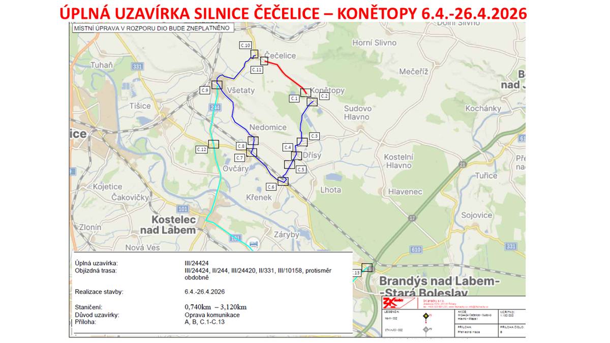 ÚPLNÁ UZAVÍRKA SILNICE ČEČELICE – KONĚTOPY 6.4.-26.4.2026