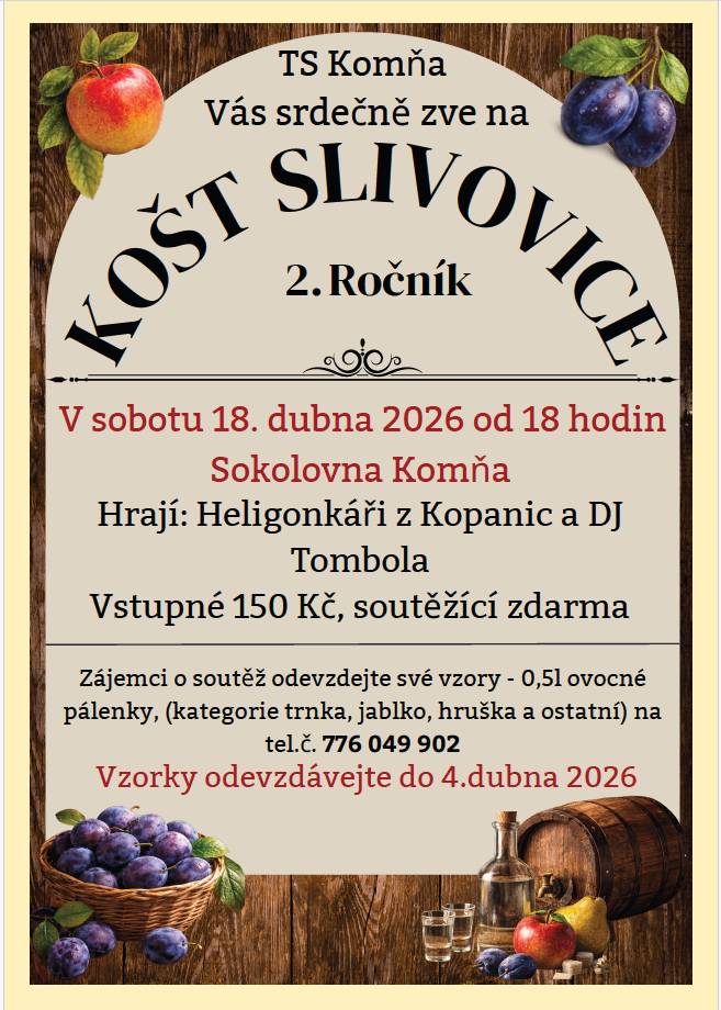 v sobotu 18. dubna 2026 od 18:00 hodin - Sokolovna Komňa