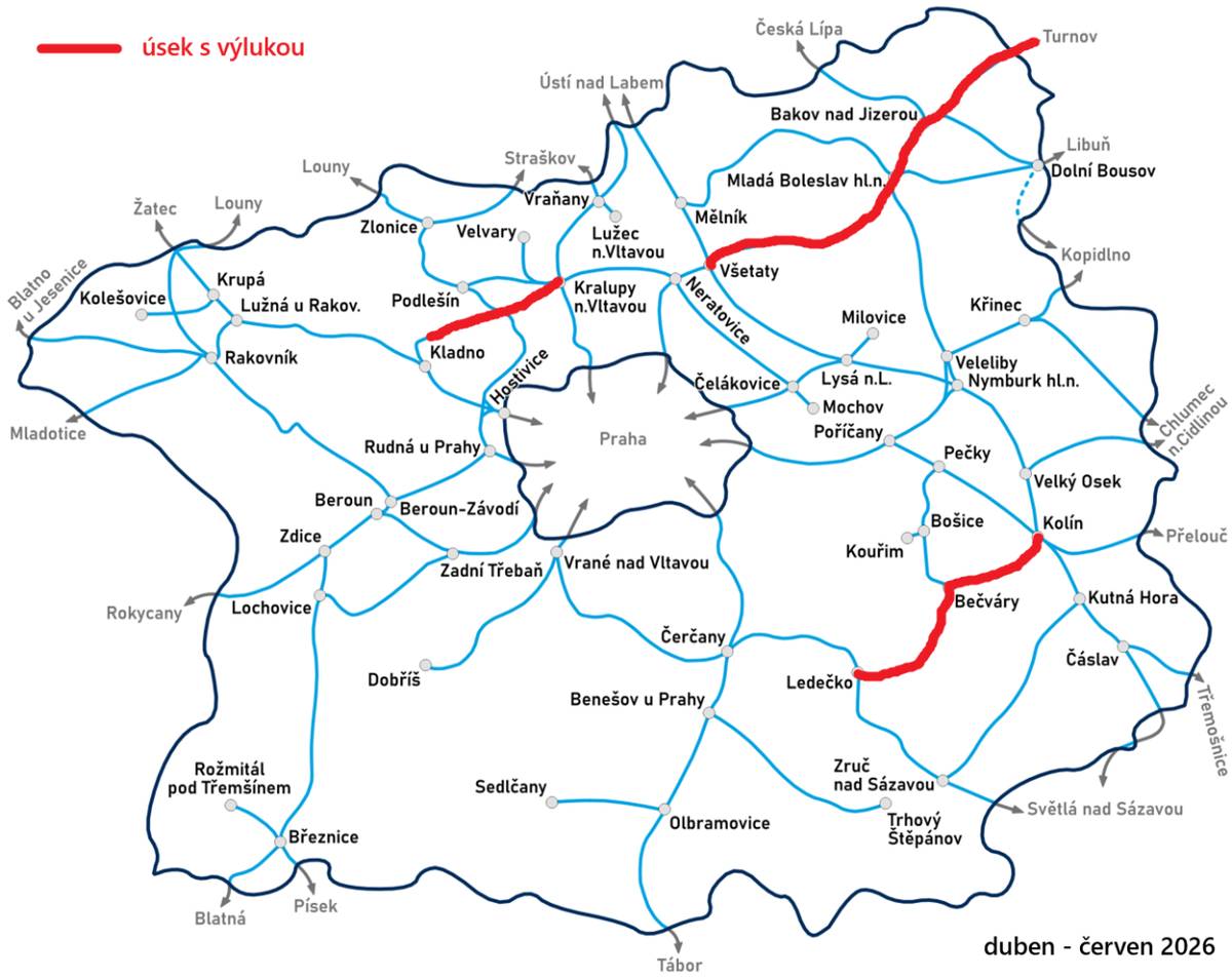 Informujeme, o plánovaných rozsáhlejších železničních výlukách ve Středočeském kraji, které se uskuteční v období duben–červen 2026. Přinášíme přehled úseků, kde budou práce trvat déle než jeden týden.