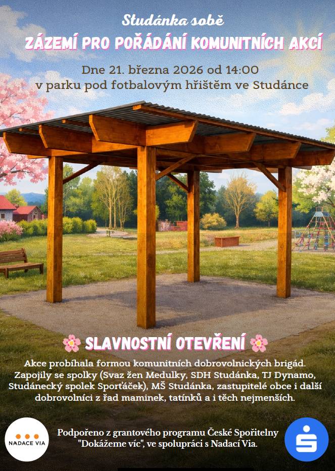 Zítra v SO, 21. 3. od 14 h Vás zveme na slavnost otevření pergoly pro děti a maminky v parku pod fotbalovým hřištěm. Na místě: dílnička pro děti s velikonoční tématikou, stezka Tajemství Velikonoc a vystoupení dětí z MŠ Studánka. Občerstvení zajištěno. V případě špatného počasí se akce přesune do kulturního domu.