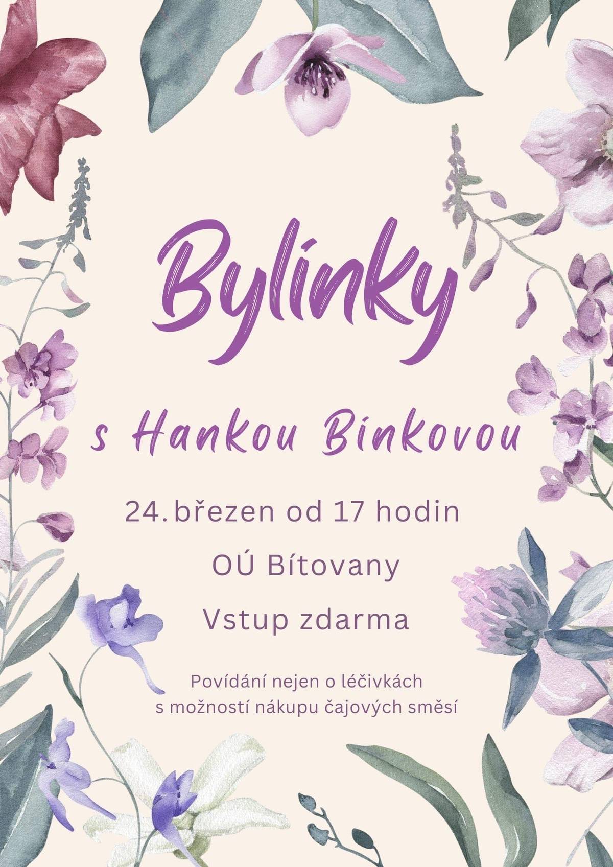 Srdečně vás zveme na setkání „Bylinky s Hankou Binkovou“, které se uskuteční v úterý 24. března 2026 od 17:00 hodin na OÚ v Bítovanech.