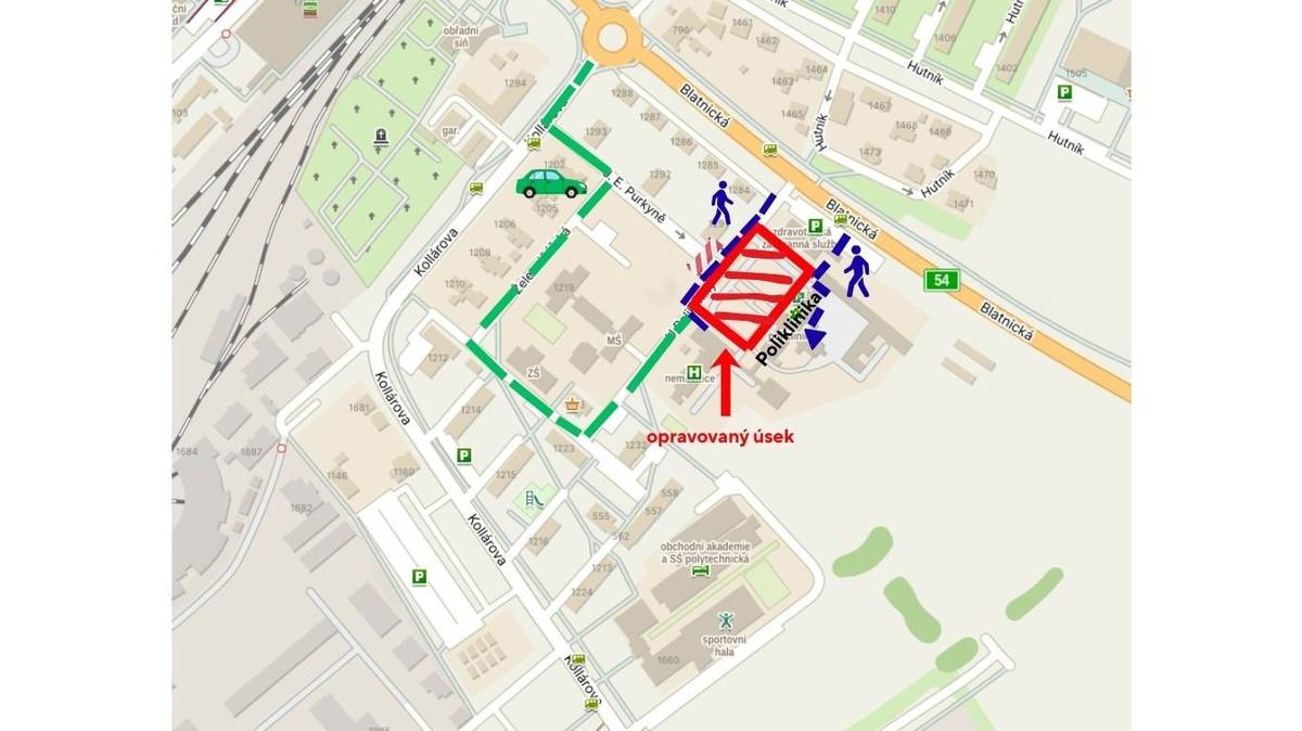 V areálu Polikliniky probíhá další etapa oprav, která přináší dočasná omezení pohybu i změny v organizaci dopravy. Práce se zaměřují na obnovu komunikací, chodníků a okolních ploch včetně úprav zeleně. Omezení potrvají do 26. června. V areálu polikliniky probíhá další etapa oprav, která přináší dočasná omezení pohybu i změny v organizaci dopravy a přístupu. Prosíme, věnujte pozornost přiložené mapce, která přehledně znázorňuje aktuální situaci v areálu. V této fázi prací dochází především k opravám povrchů – komunikací, chodníků a dalších zpevněných ploch. Součástí jsou také vegetační úpravy, které přispějí ke zlepšení celkového prostředí v okolí polikliniky. Omezení potrvají přibližně do 26. června.