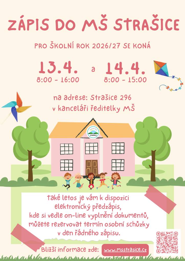 Zápis do mateřské školy ve Strašicích pro školní rok 2026/27 se uskuteční ve dnech 13.-14.04.2026. Pro usnadnění procesu je k dispozici také elektronický předzápis, který umožňuje on-line vyplnění potřebných dokumentů a rezervaci termínu osobní schůzky během řádného zápisu.