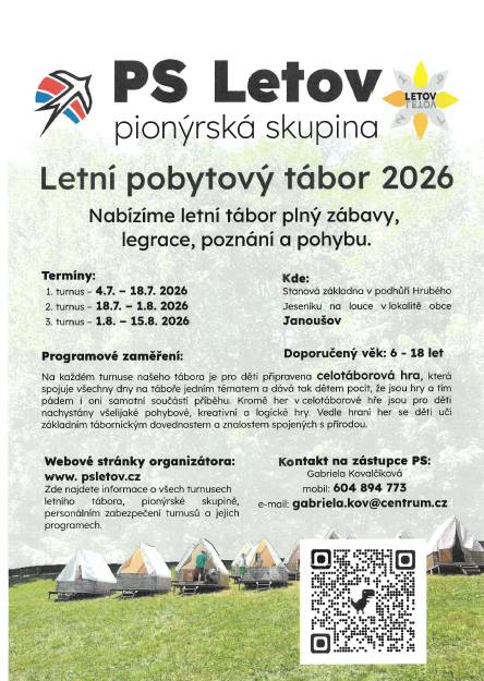 PS LETOV pionýrská skupina. Letní pobytový tábor 2026.   www.psletov.cz