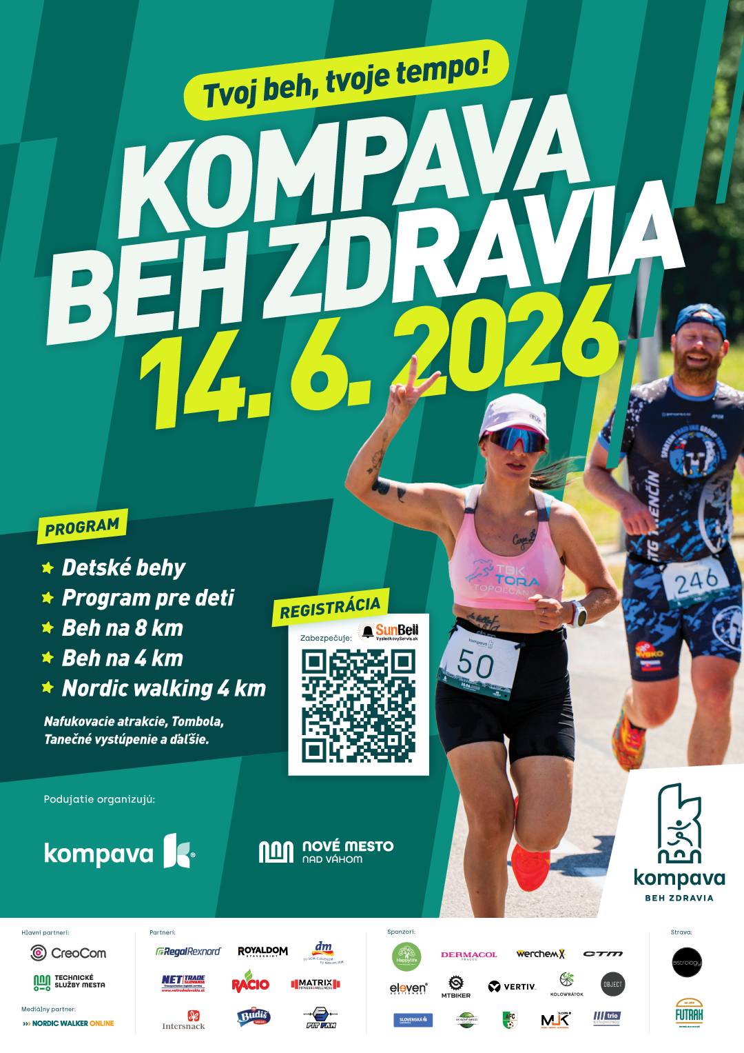 Mesto Nové Mesto nad Váhom pozýva všetkých milovníkov pohybu, športu a zdravého životného štýlu na 3. ročník podujatia KOMPAVA Beh zdravia, ktorý sa uskutoční v nedeľu 14. júna 2026 na Námestí slobody. Príďte si užiť deň plný energie, radosti z pohybu a skvelej atmosféry v spoločnosti ľudí, ktorí majú radi aktívny život. Podujatie je určené pre všetkých – od skúsených bežcov, cez rekreačných športovcov až po rodiny s deťmi. 👉 Registrácia na podujatie je už spustená, preto neváhajte a zabezpečte si svoje miesto včas. REGISTRÁCIA  Novinky 3. ročníka Na základe spätnej väzby účastníkov prichádza tento ročník s viacerými vylepšeniami: ✔️ Nová trasa behov Trasa povedie atraktívnym prostredím mesta – účastníci prebehnú cez Park D.Š. Zámostského aj Mestský park J. M. Hurbana, čo prinesie príjemný športový zážitok v zeleni. ✔️ Detské behy s dôrazom na radosť z pohybu Najmenšie deti (260 m a 520 m) absolvujú beh bez merania času, pričom každé dieťa získa pamätnú medailu. Staršie deti (780 m a 870 m) už súťažia s časomierou a ocenení budú najrýchlejší chlapci a dievčatá. ✔️ Nordic walking s meraním času Obľúbená 4 km disciplína bude po novom hodnotená – najlepší účastníci získajú ocenenia v kategóriách ženy a muži. Podujatie pre všetkých Kompava Beh zdravia nie je len o športovom výkone, ale predovšetkým o podpore aktívneho životného štýlu, stretávaní sa a vytváraní pozitívnej atmosféry v meste. Súčasťou dňa bude aj sprievodný program pre rodiny, ktorý umocní celkový zážitok z podujatia.