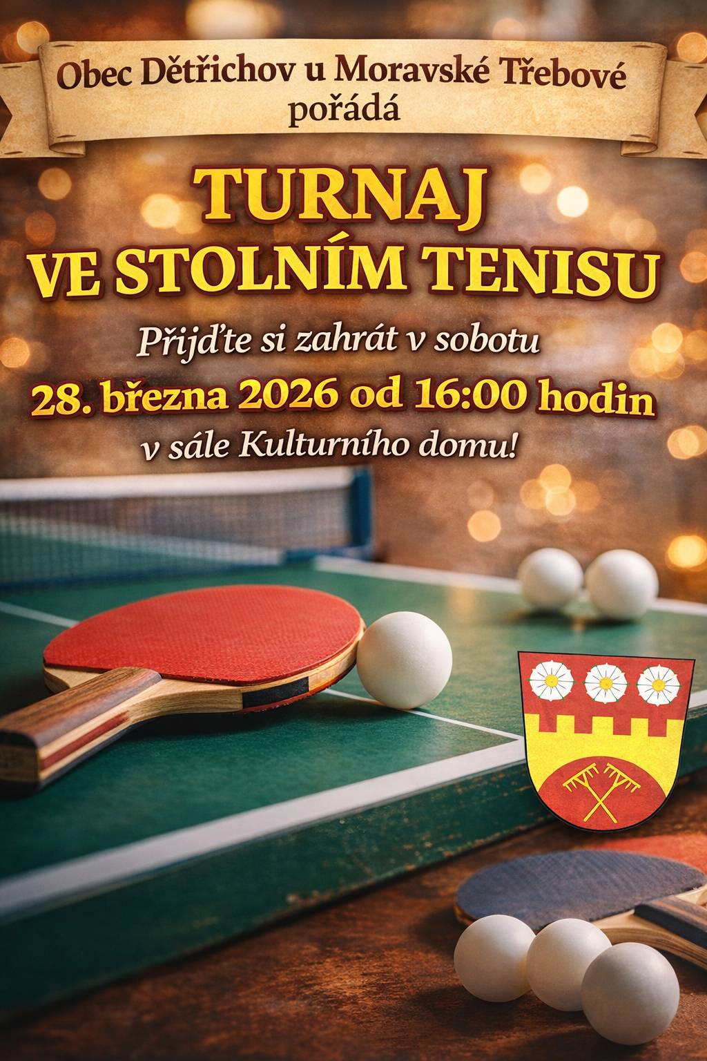 Obec Dětřichov u Moravské Třebové Vás srdečně zve na turnaj ve stolním tenisu. Přijďte si zahrát a strávit s námi příjemné sportovní odpoledne v sobotu 28. března 2026 od 16:00 hodin v sále Kulturního domu.