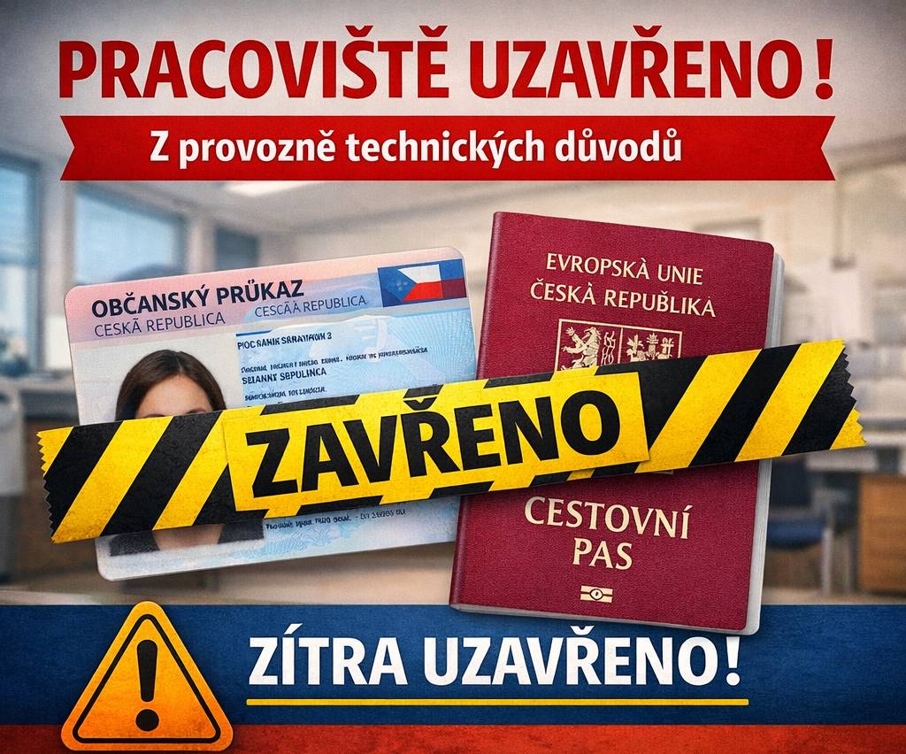 Z provozně technických důvodů bude zítra 20.3.2026 uzavřeno pracoviště občanských průkazů a cestovních dokladů. Děkujeme za pochopení a omlouváme se za případné komplikace.