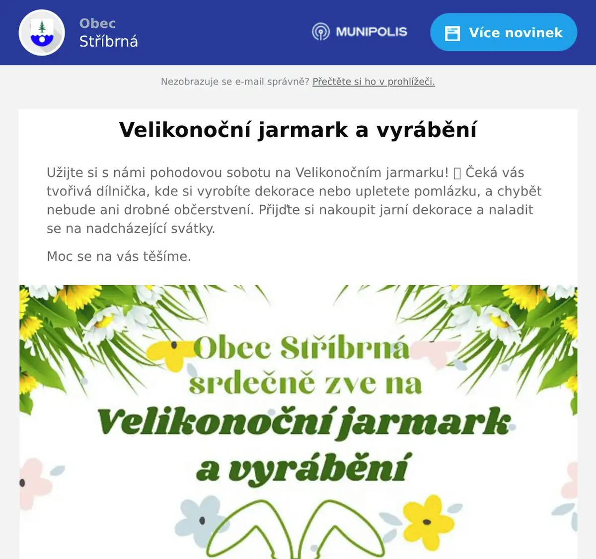 Užijte si s námi pohodovou sobotu na Velikonočním jarmarku! 🐣 Čeká vás tvořivá dílnička, kde si vyrobíte dekorace nebo upletete pomlázku, a chybět nebude ani drobné občerstvení. Přijďte si nakoupit jarní dekorace a naladit se na nadcházející svátky. Moc se na vás těšíme.