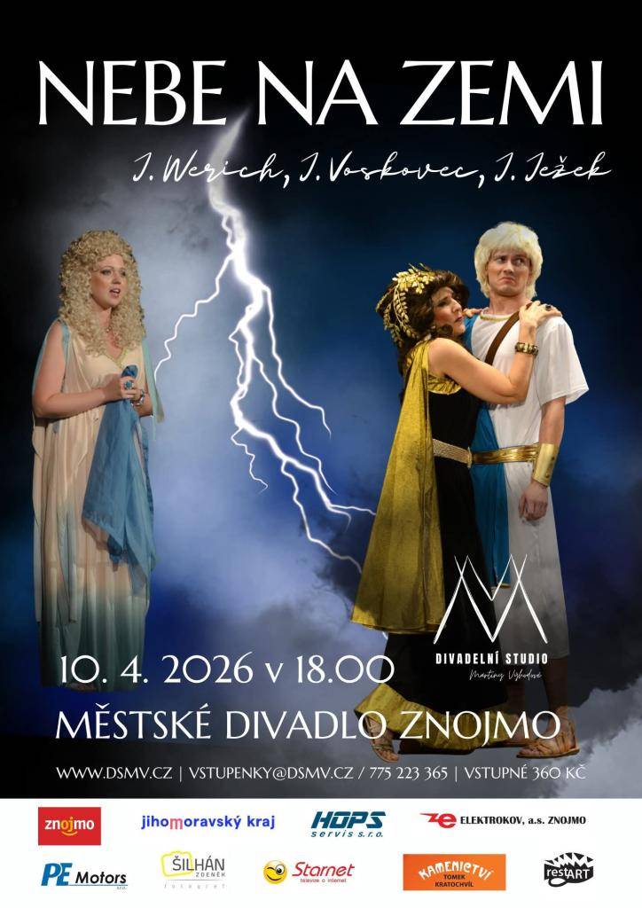 Městské divadlo Znojmo Vás srdečně zve na divadelní představení s názvem NEBE NA ZEMI dne 10.4.2026. Vstupenky jsou k dispozici za 360 Kč a lze je zakoupit online na stránkách divadla, nebo telefonicky na čísle 775 223 365.