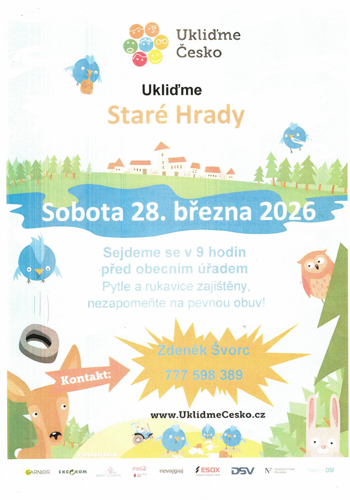 Pozvánka na úklid obce na sobotu 28. března 2026. Sraz v 9.00 hod. před obecním úřadem. Předpokládané ukončení 11.00 hod.