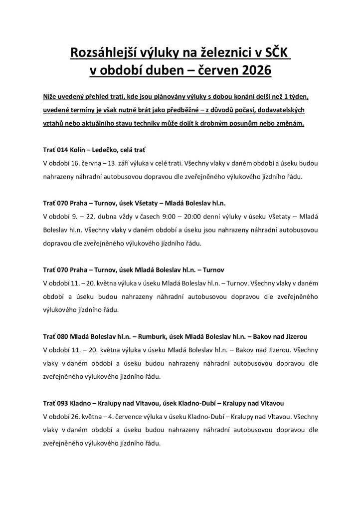 Vážení občané, v příloze naleznete informace o plánovaných rozsáhlejších železničních výlukách ve Středočeském kraji