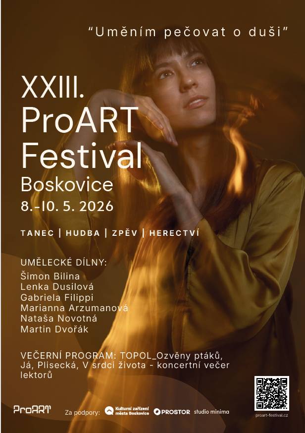 Ve dnech 8.–10. května 2026 se Boskovice poprvé stanou součástí mezinárodního ProART Festivalu, který už více než dvacet let propojuje umělecké workshopy s večerními představeními. Boskovická festivalová zastávka vznikla díky spolupráci Kulturních zařízení města Boskovice s organizátory festivalu a místními partnery – kulturním a komunitním centrem Prostor a studiem minima na ulici Hradní.