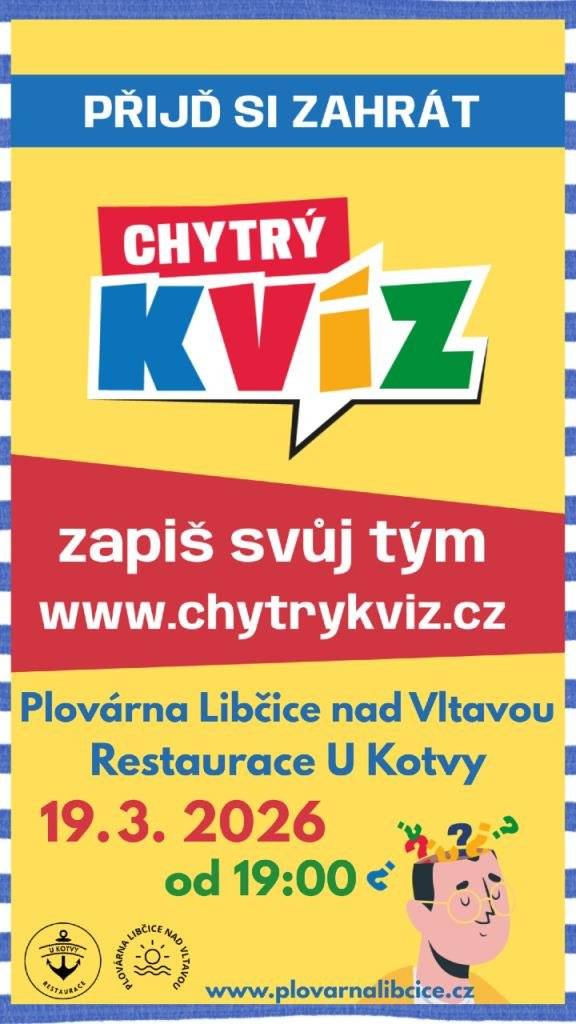 Přinášíme přehled nejbližších společenských a kulturních akcí. Tento víkend jsou zejména pro děti a jedna speciální akce pro seniory v Uhelném mlýně. Čtvrtek 19. března 2026 CHYTRÝ KVÍZ na Plovárně 19:00  Pořadatel: Plovárna Libčice Týmový vědomostní kvíz pro veřejnost. Přijďte si ověřit své znalosti a užít večer s přáteli. Pátek 20. března 2026 Ahoj jaro 15:00 Pořadatel: Centrum Malina Už je to tady! Jaro se k nám pomalu, ale jistě vrací a my ho společně přivítáme v pátek 20.3. mezi 15:00 – 17:00. Tradičně na Oranžovém hřišti, případně pod Kameníčkem, odkud povede tradiční jarní dráha právě na hřiště. Na hřišti pak budou čekat jarní úkoly, dílnička, malování na obličej a další. Slavnost vynášení Morany 16:00 Pořadatel: Kulíšek Tradiční slavnost lesního klubu Kulíšek Libčice. Průvod z Oranžového hřiště na náplavku, kde bude Morana spálena, vhozena do řeky a potom budou jarní tvořivé dílny. ARCO 18:00  Pořadatel: Kino Kotelna Desetiletá Iris a robot Mikki zachraňují tajemného chlapce z budoucnosti v nejvíce obdivovaném animovaném filmu roku 2025. Potopa 20:00 Kino Kotelna Pořadatel: Kino Kotelna Drama z východu Československa v 80. letech si vysloužilo skvělé kritické i divácké ohlasy. Sobota 21. března 2026 Ukliďme Libčice 10:00 Pořadatel: Město Libčice nad Vltavou Dobrovolnická úklidová akce zaměřená na úklid veřejných prostranství ve městě. Pytle a rukavice budou k dispozici od 10 hodin Chýnovská (pod Kameníčkem) | dětské hřiště Pod Saharou (u č. p. 693) | na Moráňských stráních u vysílačů (nad zastávkou Řež).  Citová hodnota 20:00 Pořadatel: Kino Kotelna Libčice Cenami ověnčené vztahové drama Joachima Triera, autora Nejhoršího člověka na světě. Neděle 22. března 2026 Libčické hudební jaro  "Není šanson jako chanson" 17:00 KC Fara, 5. Května 66 Pořadatel: Českobratrská církev Evangelická Koncert v rámci hudebního cyklu Libčické hudební jaro. Úterý 24. března 2026 Výtvarné matiné pro třetí věk 10:00 Galerie Uhelný mlýn Pořadatel: Galerie Uhelný mlýn  Klidné dopolední setkání u umění určené „nejen“ aktivním seniorům. Vstupné 100,– Kč.