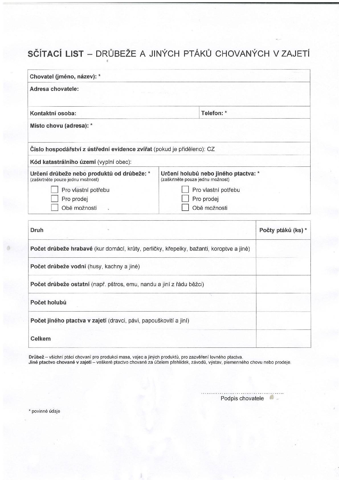 V souvislosti s výskytem ptačí chřipky na území obce Slibovice na Nymbursku, obdržela obec Chroustov dne 18.3.2026 nařízení Státní veterinární správy, kde k.ú. Dvořiště je vymezeno v pásmu dozoru. Z toho vyplývá povinnost poskytnout informace k provedení soupisu ptáků - a to nejpozději do 25.3.2026. Tato nová povinnost platí i pro ty,kteří již soupis odevzdávali v únoru 2026. Některým z vás, stálým chovatelům, byl již sčítací list doručen do schránek. Pro případné další nové chovatele  ze Dvořiště , je určen sčítací list v příloze.