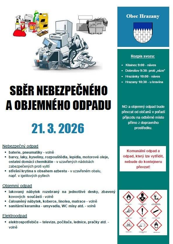 Připomínáme svoz nebezpečného a objemného odpadu tuto sobotu 21. 3. 2026.