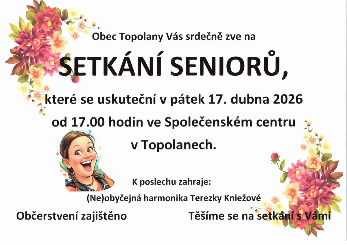 Nikol Drůbež přijede do naší obce v neděli 22. března v čase od 14:45 – 15:00 hod. bude nabízet k prodeji: Chovné kohouty, kuřice různých barev,  krmné směsi a vitamíny. Nabídka prodeje se může změnit. Tel.: 603 109 880     Oznamujeme občanům, že ve dnech 20. – 22. března 2026 bude zpřístupněn kontejner na bioodpad umístěný ve dvoře obecního úřadu. Ukládat zde můžete listí, posečenou trávu, plevel, zbytky ovoce a zeleniny, dřevní štěpku. Do kontejneru nevhazujte kusy dřeva a větví, uhynulá zvířata.Přístup do obecního dvora bude ve vymezeném čase pouze branou z hlavní ulice.  Kontejner bude zpřístupněn: pátek 20. 3. v čase 14 – 17 hod., sobota 21. 3. v čase 9 – 17 hod. a neděle 22. 3. v čase 9 – 17 hod.    Připomínáme občanům, že do konce měsíce března musí mít uhrazené poplatky za svoz komunálního odpadu, stočné, poplatek za psa a zpravodaj obce.      Obec Moravské Málkovice srdečně zve občany na divadelní bláznivou komedii " ANI O DEN DÝL ! " zahrají Krásenští divadelní ochotníci v sobotu 28.3.2026 v 18 h. na Dělnickém domě. Vstupné dobrovolné a občerstvení zajištěno.     Město Ivanovice na Hané Vás zve na slavnostní zahájení výstavy – vernisáž, za přítomnosti autora dřevěných soch Tomiše Zedníka. Uskuteční se ve čtvrtek 19. 3. 2026 v 17 hodin v CAFE Galerii na Palackého náměstí. V rámci vernisáže proběhne i doprovodný hudební program, který zajišťují žáci ZUŠ Ivanovice na Hané. Vstup je volný pro hosty i širokou veřejnost. Těšíme se na Vaši návštěvu.     Obec Topolany srdečně zve seniory na tradiční setkání, které se uskuteční v pátek 17. dubna od 17 hodin ve Společenském centru Topolany. K poslechu zahraje (ne)obyčejná harmonika Terezky Kniežové. Občerstvení zajištěno. Těšíme se na setkání s Vámi