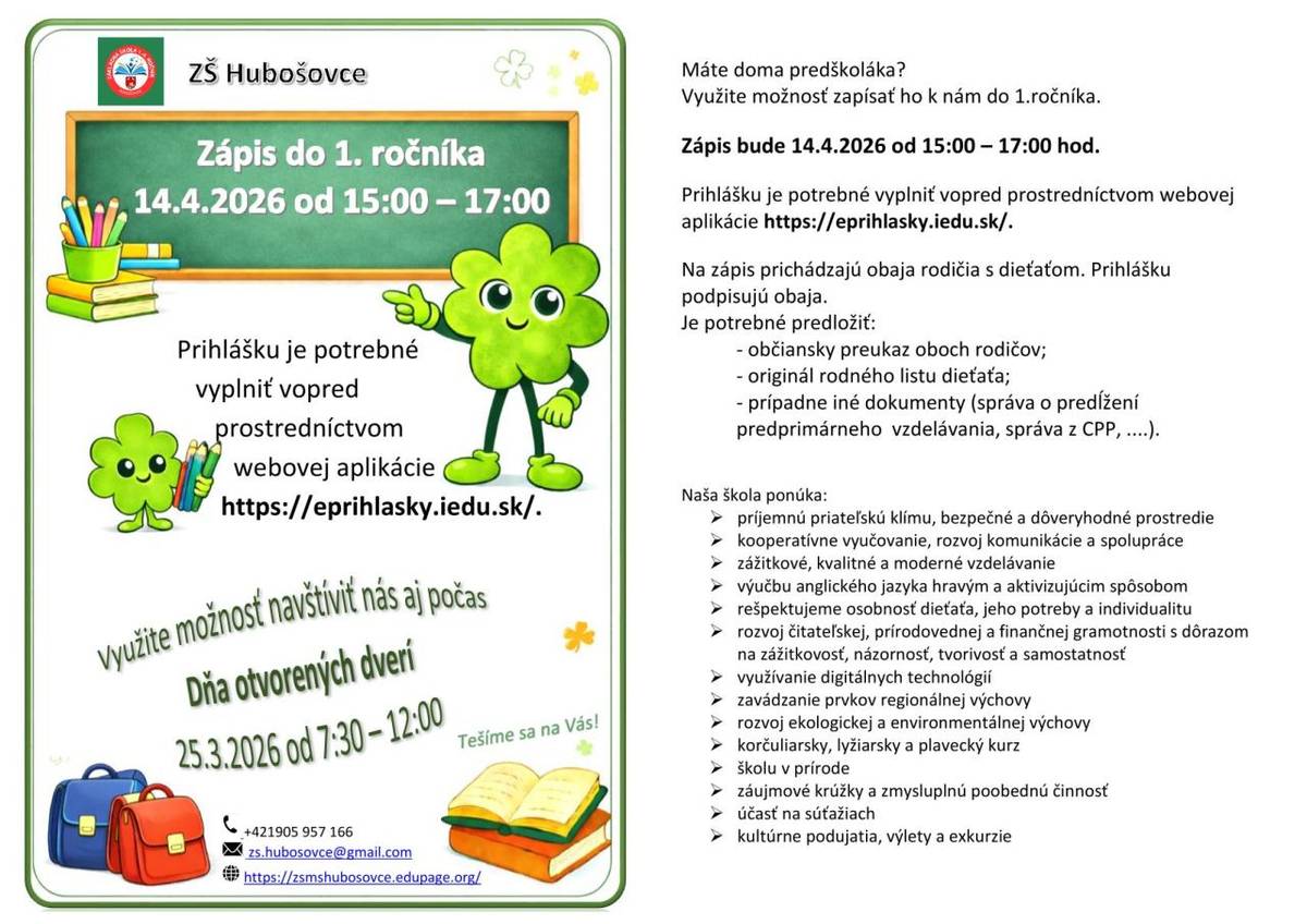 Deň otvorených dverí ZŠ Hubošovce a Zápis do 1.ročníka ZŠ