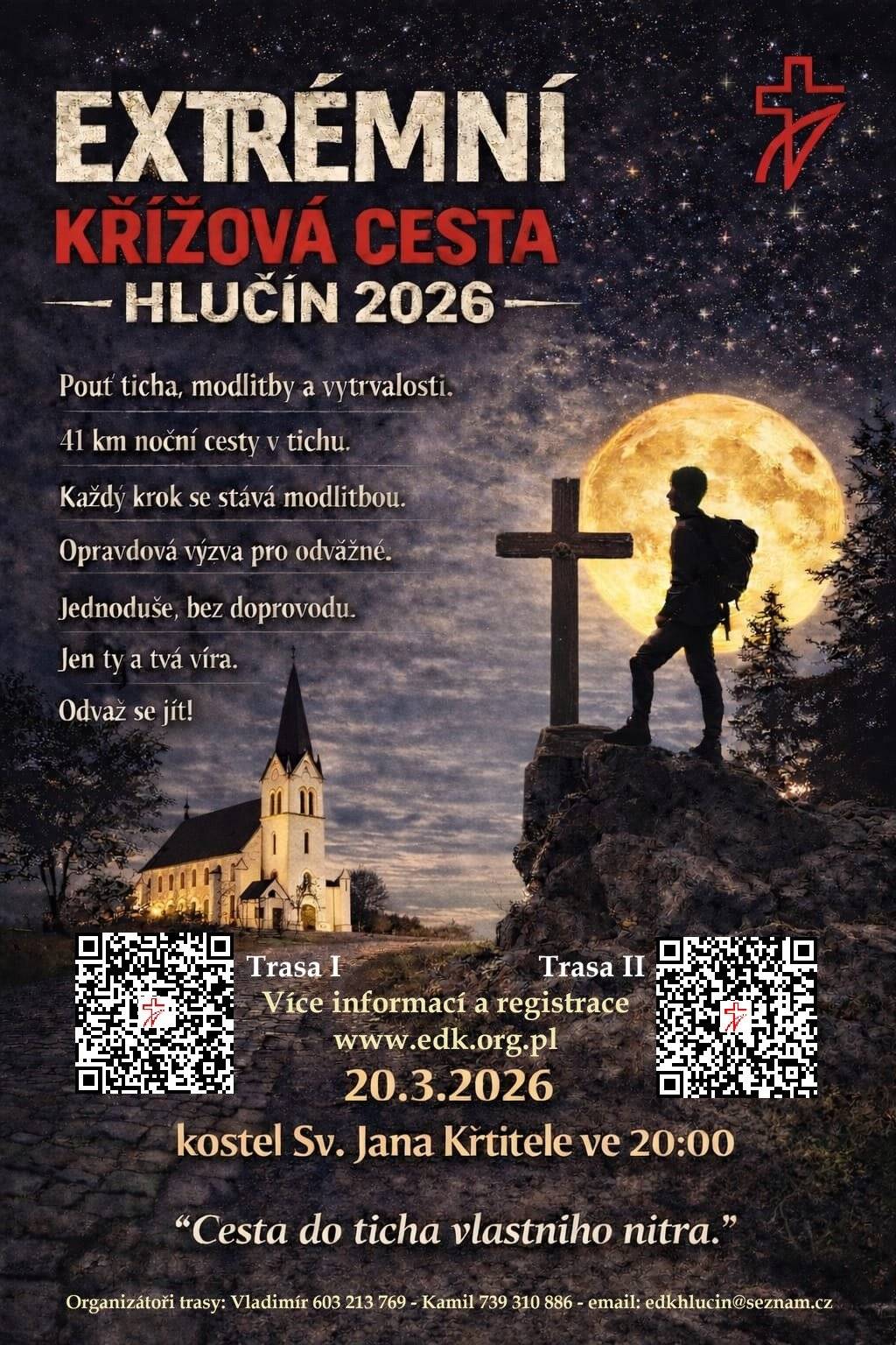 Zveme na cestu, která nás všechny může proměnit. Ne fyzicky, ale hluboko uvnitř. Chůze na trase 41 kilometrů, celou noc, v naprostém tichu. Tato cesta není o rychlosti, není o výkonu, není o tom, kdo dojde první. Je o ztišení se, o modlitbě, o překonání sama sebe, o setkání s Bohem. Bude to těžké, možná si v určitém bodě řekneme, že už nemůžeme dál. Ale právě v těchto chvílích se dějí zázraky. Proč jít? Protože někdy je potřeba vystoupit z pohodlí, vydat se do tmy, projít únavou a tichem, abychom našli světlo a odpovědi. • Pátek 20. března 2026 • Kostel sv. Jana Křtitele, Hlučín ve 20 hodin (začínáme mší svatou) • Poté vyrážíme individuálně nebo v malých skupinkách (max. 10 lidí) • Každý jde na vlastní odpovědnost • Celou cestu jdeme v naprostém tichu, u každého ze 14 zastavení křížové cesty si čteme rozjímání • Po návratu možnost snídaně v komunitním centru u fary v Hlučíně Trasy:  https://mapy.com/…ofa https://mapy.com/…ose