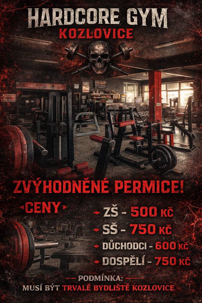 Hardcore Gym Kozlovice přichází se zvýhodněnými permanentkami pro místní obyvatele. Přijďte si zacvičit do kvalitně vybaveného gymu a posuňte své limity na maximum.