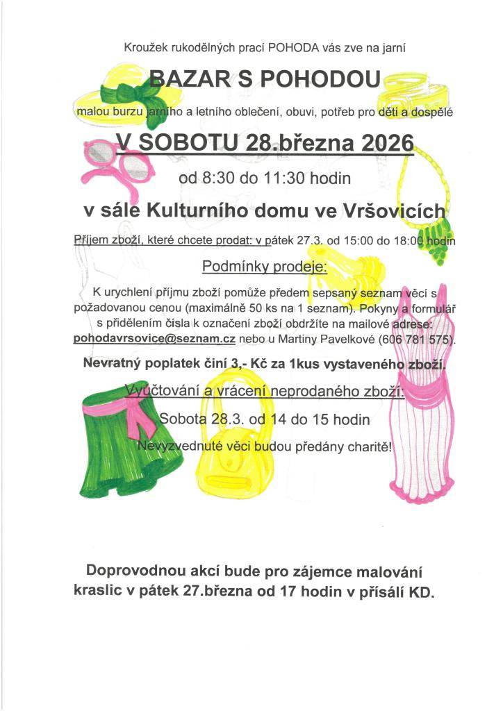 Kroužek rukodělných prací POHODA vás srdečně zve na jarní burzu oblečení, obuvi a potřeb pro děti a dospělé.