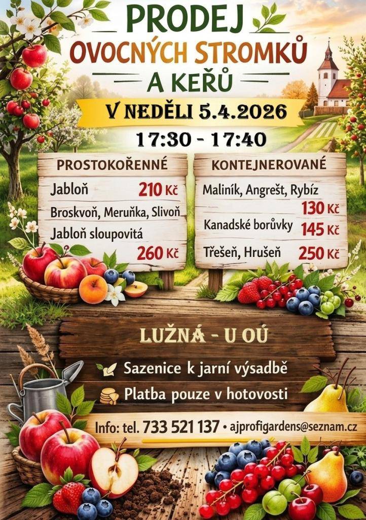 V obci Lužná bude k dispozici pojízdná prodejna se sortimentem ovocných stromů. Všechny sazenice jsou vhodné k jarní výsadbě.