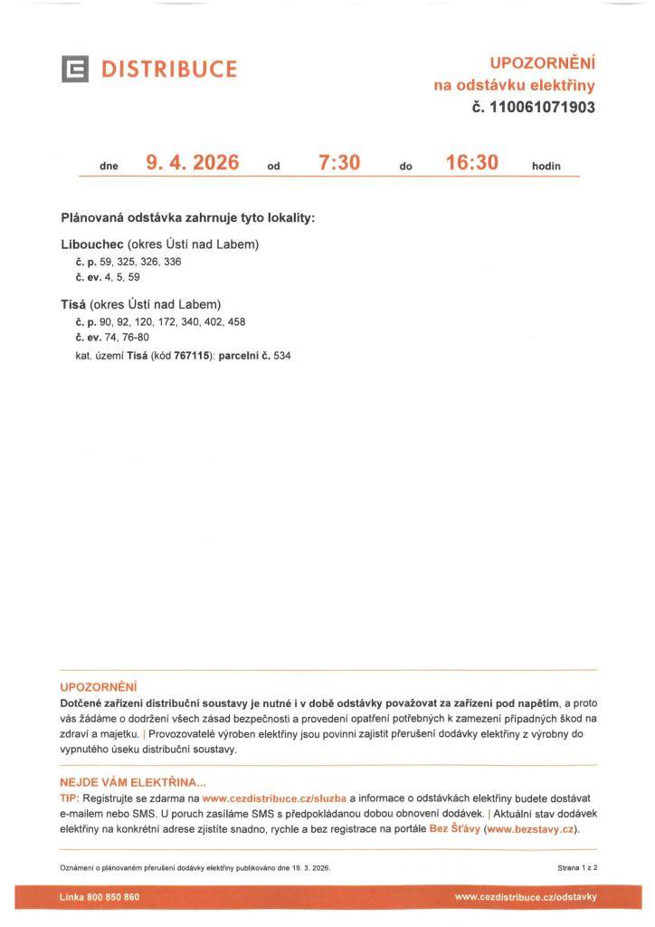 Oznámení o plánovaném přerušení dodávky elektrické energie