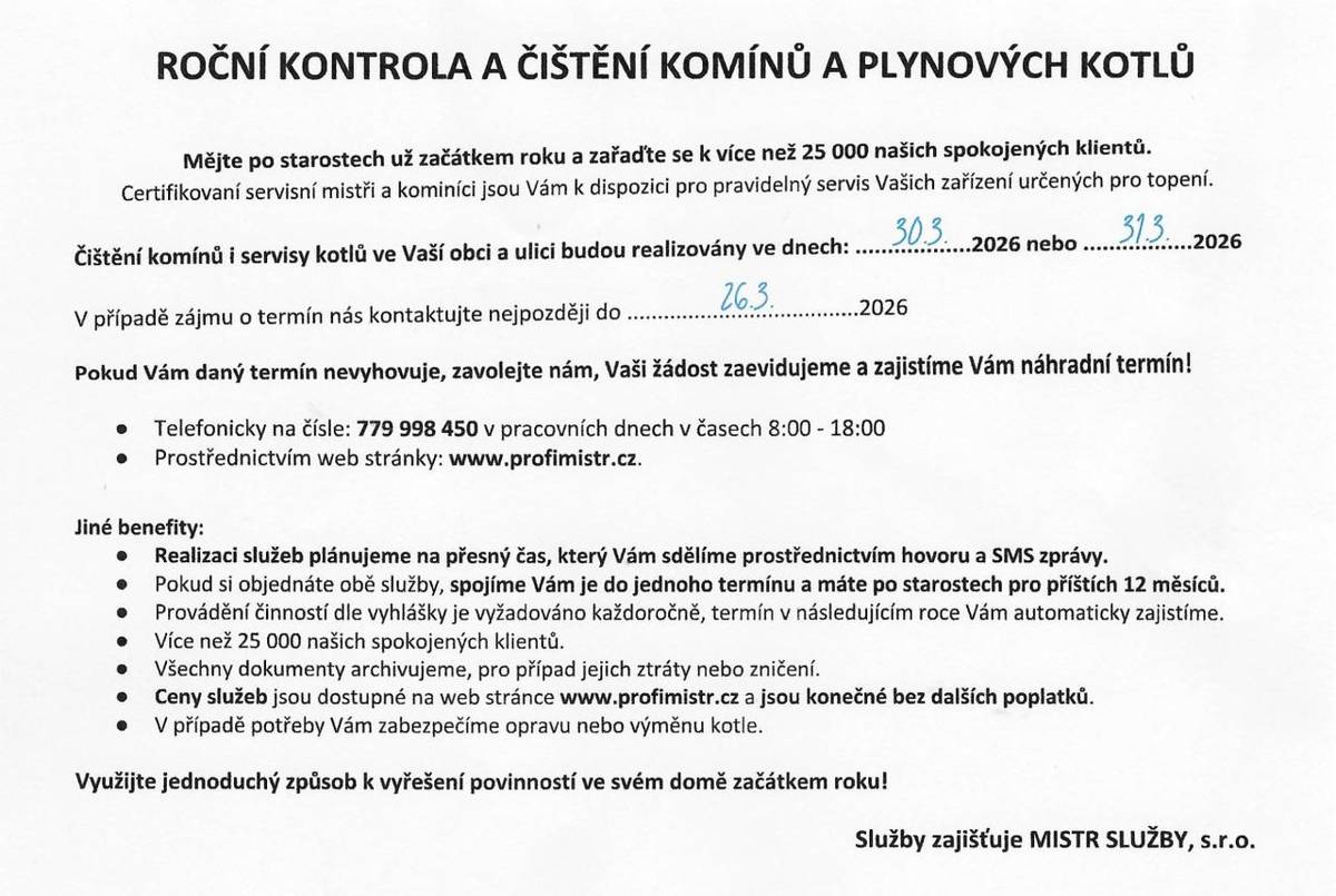 Roční kontrola a čištění komínů a plynových kotlů