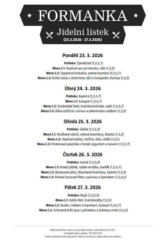 Vážení a milí spoluobčané, přijďte ochutnat menu do naší Formanky.