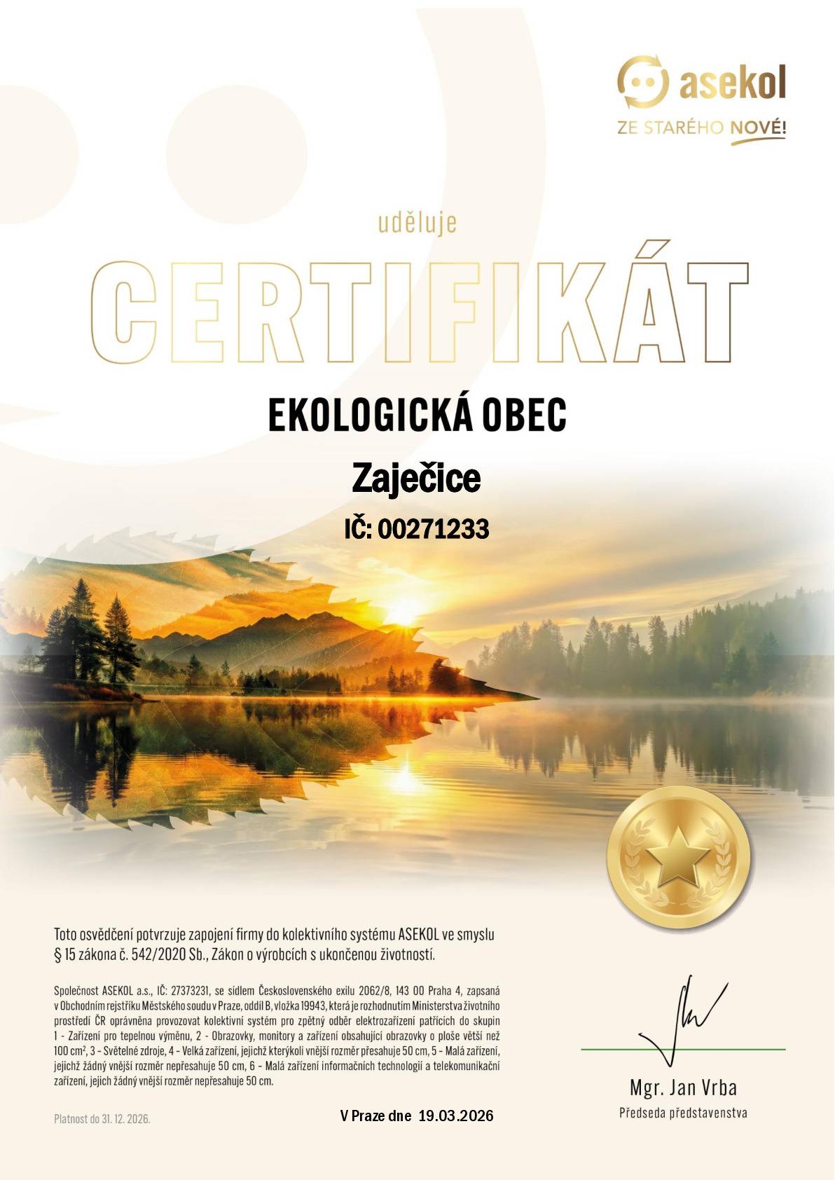 CERTIFIKÁT  „ Ekologická obec " v oblasti zpětného odběru vysloužilých elektrozařízení