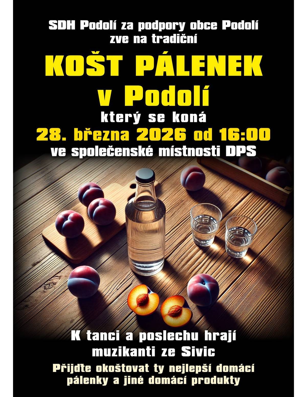 SDH Podolí za podpory obce Podolí zve na tradiční KOŠT PÁLENEK v Podolí, který se koná 28. března 2026 od 16:00 ve společenské místnosti DPS. K tanci a poslechu hrají muzikanti ze Sivic. Přijďte okoštovat ty nejlepší domácí pálenky a jiné domácí produkty.