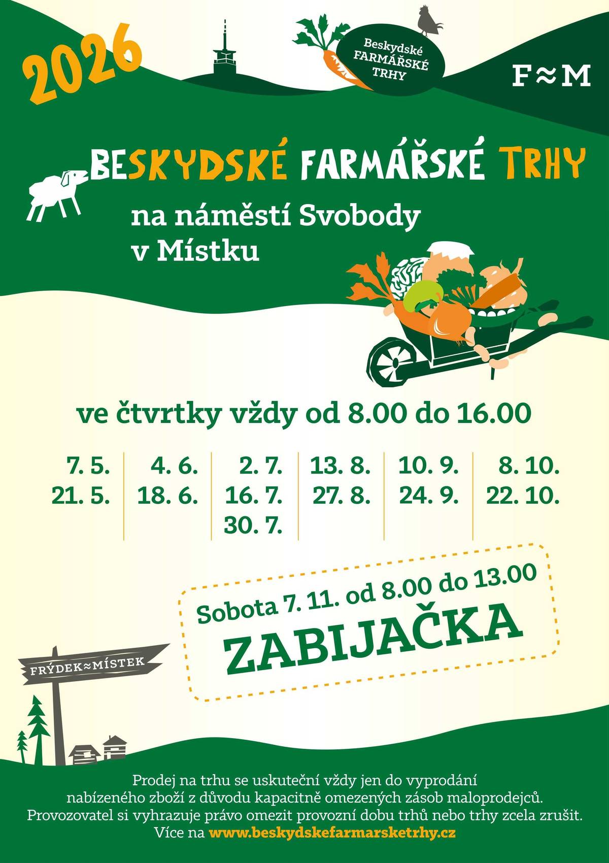 Vůně čerstvého pečiva, domácích sýrů, uzenin, ale i květin, bylinek a koření, to vše a mnohem více už začátkem května znovu zaplní náměstí Svobody v Místku. Ve čtvrtek 7. května startuje letošní sezona oblíbených Beskydských farmářských trhů. Více na webu města zde: ZAHÁJENÍ LETOŠNÍ SEZONY BESKYDSKÝCH FARMÁŘSKÝCH TRHŮ SE BLÍŽÍ. ODSTARTUJÍ V KVĚTNU | Frýdek-Místek