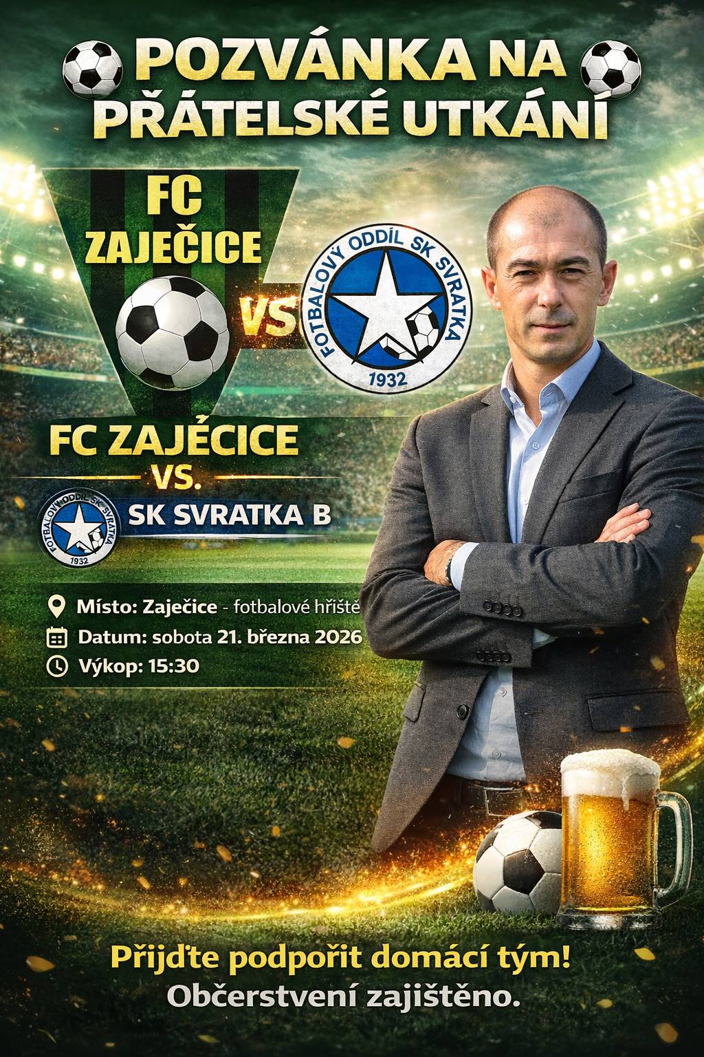 Srdečně vás zveme na přátelské utkání FC Zaječice – SK Svratka B, které se odehraje v sobotu 21. března 2026 od 15:30.