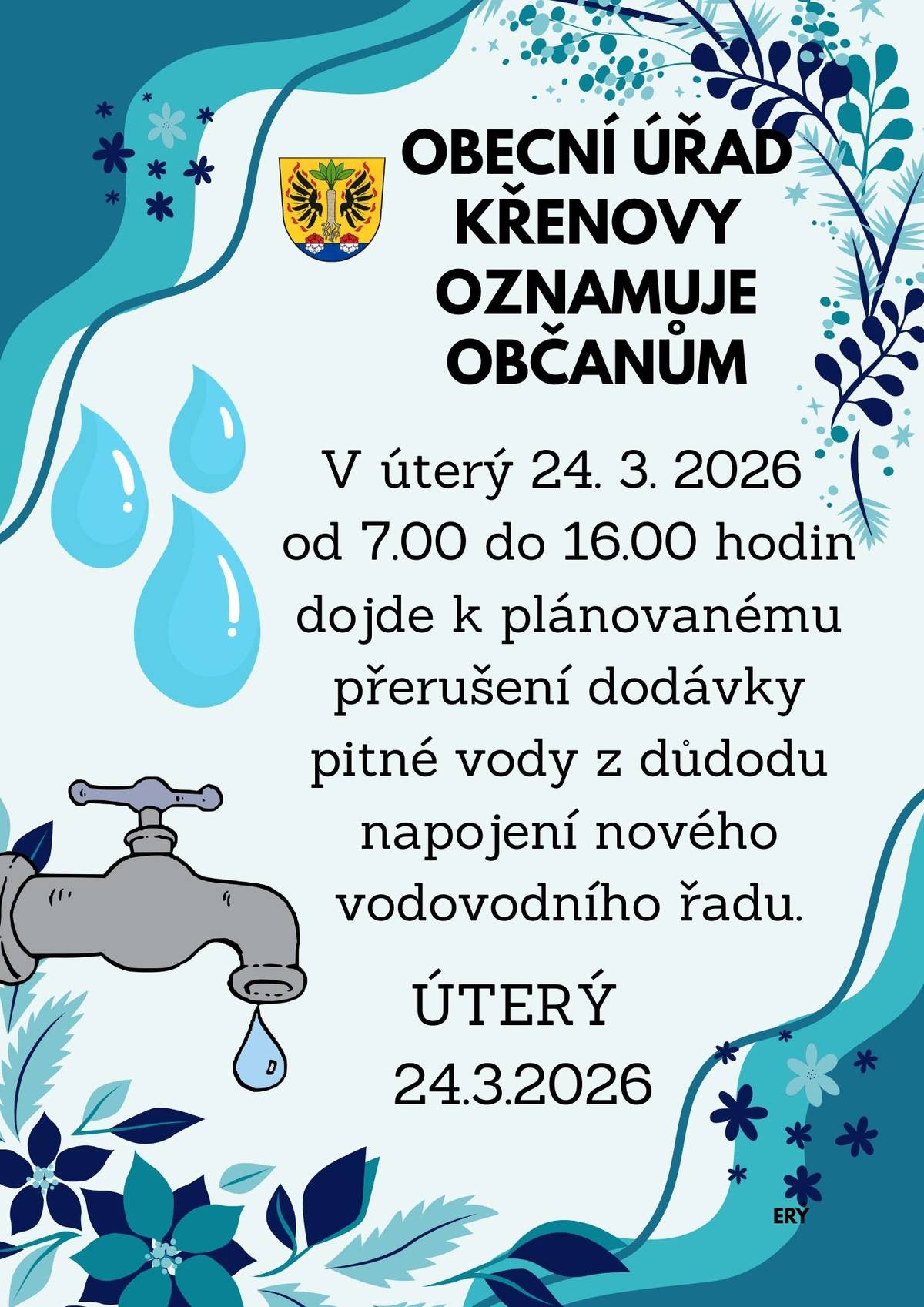 V úterý 24.3.26 od 7 do 16 hodin dojde k plánovanému přerušení dodávky pitné vody z důvodu napojení nového vodovodního řadu. Díky za trpělivost, váš OÚ