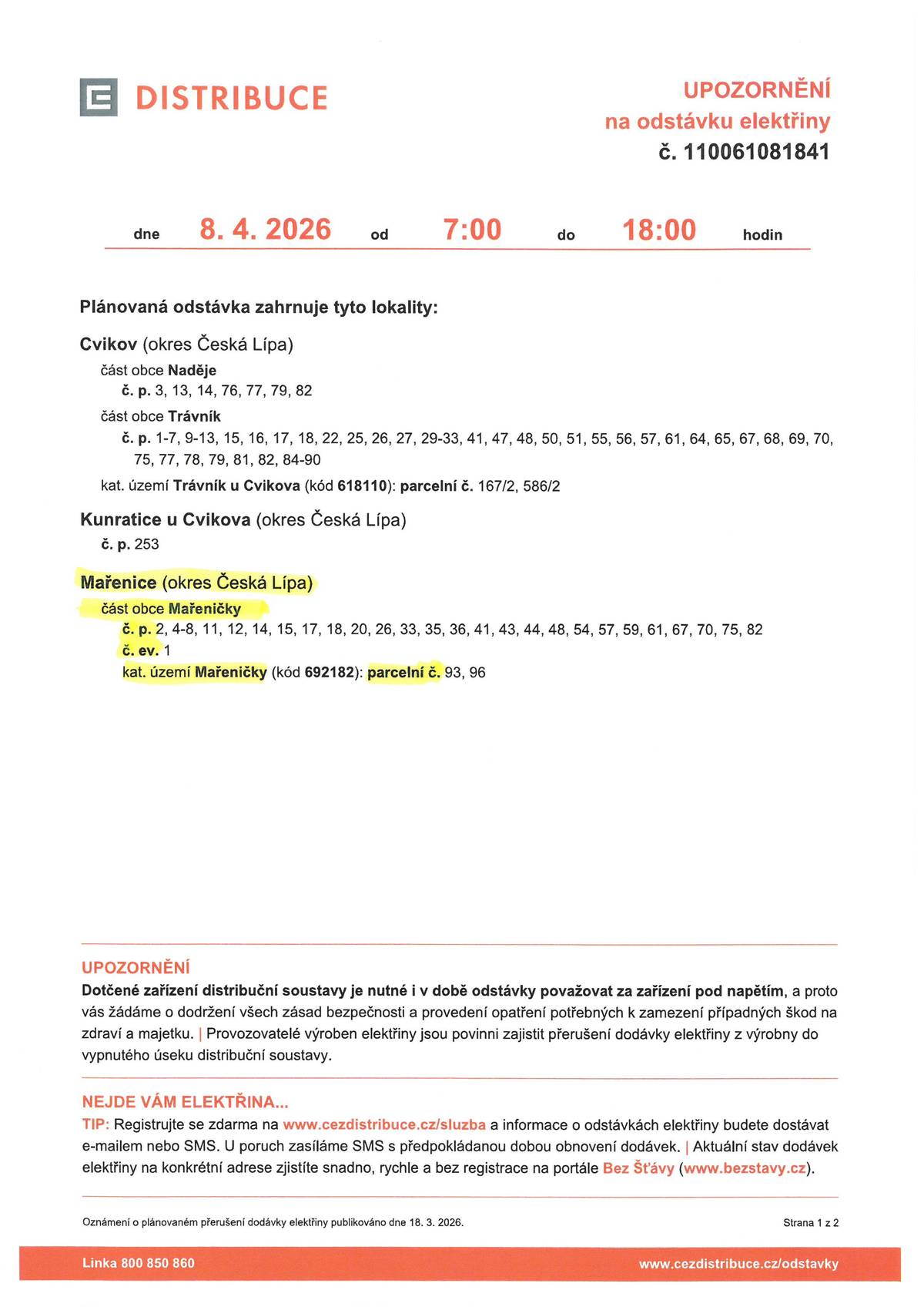 Dne 8.4.2026 od 7:00 do 18:00