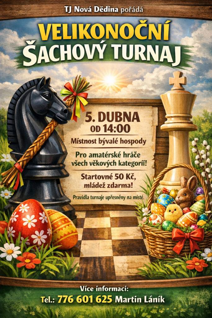 TJ Nová Dědina pořádá Velikonoční šachový turnaj, 5 dubna od 14 hodin v místní bývalé hospodě. Turnaj je určen amatérským hráčům všech věkových kategorií. Startovné 50 Kč, mládež zdarma.