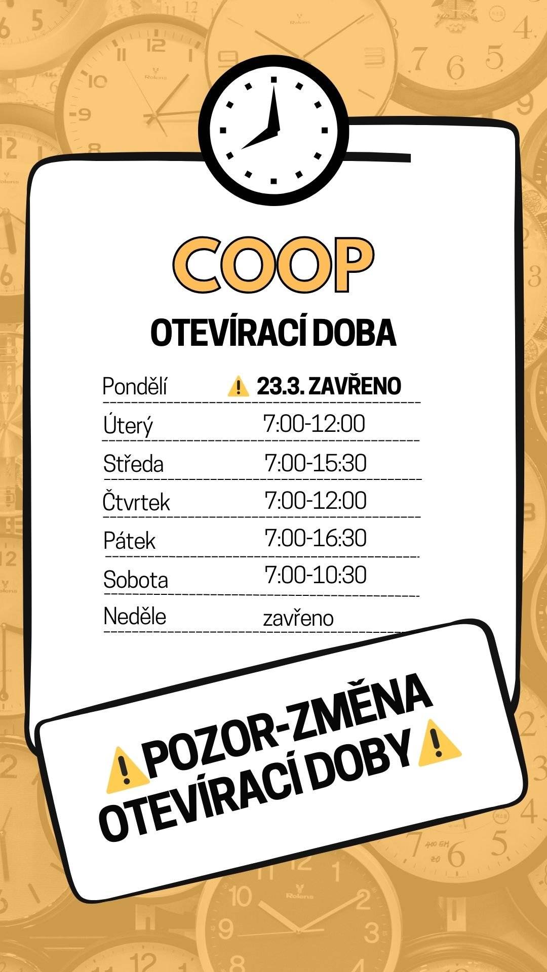V pondělí 23.3. bude prodejna COOP uzavřena. Děkujeme za pochopení.